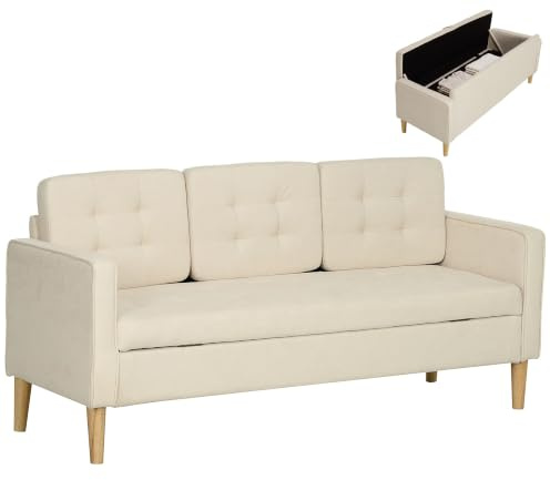 HOMCOM Canapé 3 Places en Flanelle Neige 166,5 cm, Canapé Moderne, Rangement Caché, Dossier Capitonné, Assise et Accoudoirs Rembourrés, Pieds en Bois d'Hévéa, pour Salon, Chambre, Petit Espace, Crème