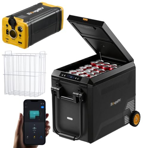 BougeRV Glacière à compresseur de 47 l avec batterie de 266 Wh - Glacière de voiture 12 V 230 V avec panier intégré - Réfrigérateur de camping avec roulettes - Étanche IPX4 - Pour extérieur, voyage
