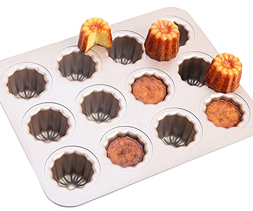 CANDeal 12 Tazze Cannele Stampo antiaderente Cupcake Muffin Stampi Cannelle Dorate Teglia da forno Bakeware Acciaio al Carbonio