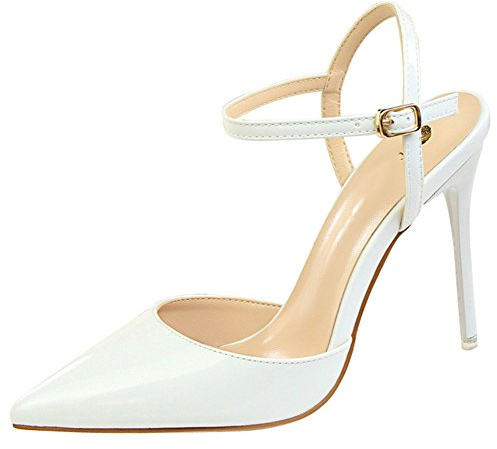 wealsex Escarpins Sandales Cuir Vernis Talon Haut Aiguilles Sexy Bout Pointu Bride Cheville Chaussure Mode Simple Soirée Club Bar Mariage Femme (Blanc,36)