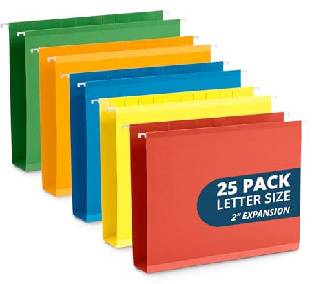Blue Summit Supplies 25 Extra Capacity Hanging File Folders Letter Size 2 Inch Expansion, Expanding Hanging File Folders, Wide, Expandable, Reinforced 12pt Paper, Assorted Colors