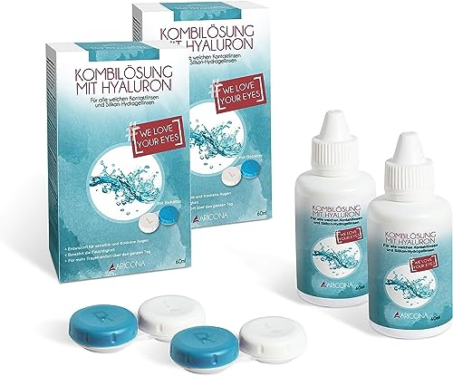 aricona Kontaktlinsen Fluessigkeit - 2 x 60ml Kontaktlinsenflüssigkeit mit Hyaluron - All-In-One Kontaktlinsen Pflegemittel inklusive Behälter