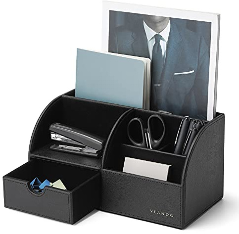 VLANDO Schreibtisch Organizer Leder mit Schublade, Organizer schreibtisch Edel, Stiftehalter Organizer, Büro Organizer für Tablet PC, Fernbedienungshalter, Geschenk zum Vatertag Männertag