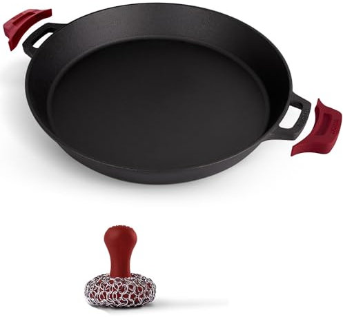 Cast Iron Skillet + Chainmail Scrubber - 17-Inch Dual Handle Braiser Frying Pan + Silicone Handle Covers - Pre-Seasoned Oven, Grill, BBQ, Stovetop, Fire, Induction Safe Cookware - Indoor/Outdoor Use