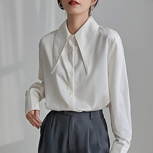 Women'S Blouses & Shirts,Women'S Satin Silk Shirt Vintage White Turn Down Collar Chic Blouse Cardigan Jacket Elegant Charm Office Business Blouse Long Sleeve Button Down Blouses Casual Tunic Tops St