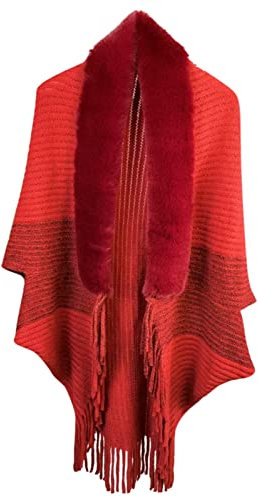 Schal Damen Damen gestrickt locker verdickter Schal Mantel Kunstplüschkragen Schal Wickel Quaste Fransen Wraps passender Cardigan Pullover unregelmäßiger Saum Multifunktionstuch Schal (Red, One Size)