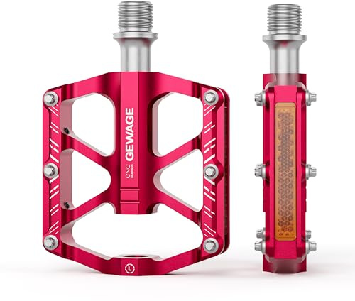 GEWAGE Pedales de Bicicleta Plegables, Pedales de Bicicleta con Reflectante, 9/16 Pulgadas Antideslizante CNC Pedales de Plataforma de Aluminio para Bicicleta Plegable,Bicicleta de Niños (Red)