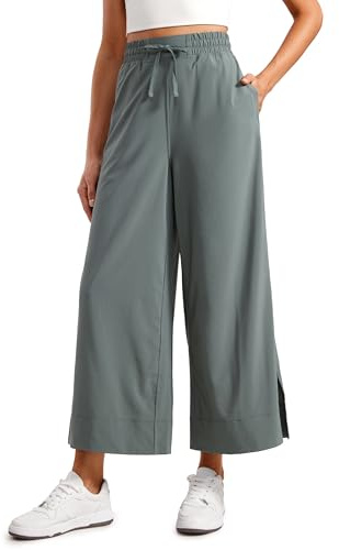 CRZ YOGA Lightweight Wide Leg Cropped Pants for Women 25 - Casual Travel Work Sweatpants Summer Grey Sage Large