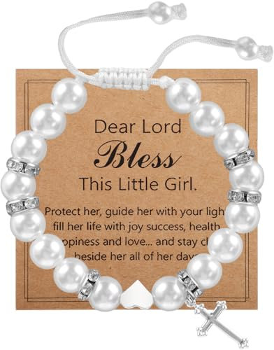White Shell Pearl Bracelet Adjustable Cross Beaded for Women Girls First Holy Communion Baptism Gifts with Message Card Easter Confirmation Gifts for Girls Birthday Wedding Christmas Appreciation