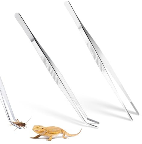 LTMMC 2 Pieces Reptile Feeding Tongs, Aquarium Tweezers, Extra Long Stainless Steel Straight Tweezers and Curved Tweezers for Aquatic Aquarium Plants Reptiles Lizards, Geckos and Snakes