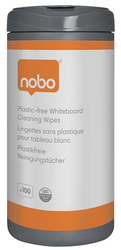 Nobo Plastic-Free Whiteboard Cleaning Wipes – Pack of 100, Tub Dispenser with Hinged Lid for Easy Access, Ideal for Daily Whiteboard Maintenance, 1915713