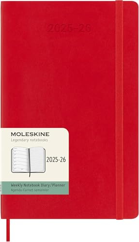 Moleskine Weekly Planner 2025-2026, Agenda Semanal 18 Meses Con Espacio para Notas, Tapa Suave y Cierre Elástico, Formato Grande 13 x 21 cm, Color Rojo Escarlata