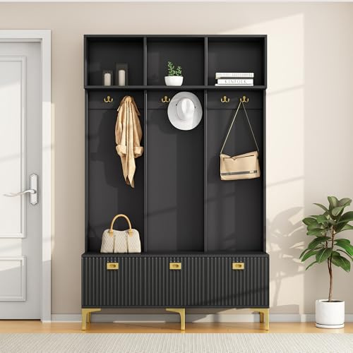 KecDuey Set di appendiabiti con panchina, appendiabiti da corridoio, con panca multifunzionale, portaoggetti aperto, 6 ganci e piedi dorati, adatto per corridoio, soggiorno (nero)