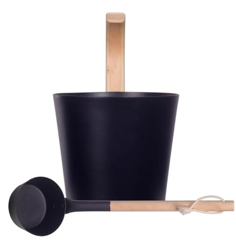 Seau de sauna en aluminium avec louche et sablier - seau de sauna en métal - seau à 3 pièces. Seau de sauna – Seau léger avec poignée en bambou – Seau en aluminium noir naturel luxueux pour s