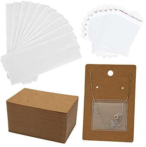 Temlum 100pcs Jewelry Display Cards with Adhesive Pouch & Clear Bag, Brown | Earring Necklace Card for Selling Jewelry, Packaging Supplies for Jewelry