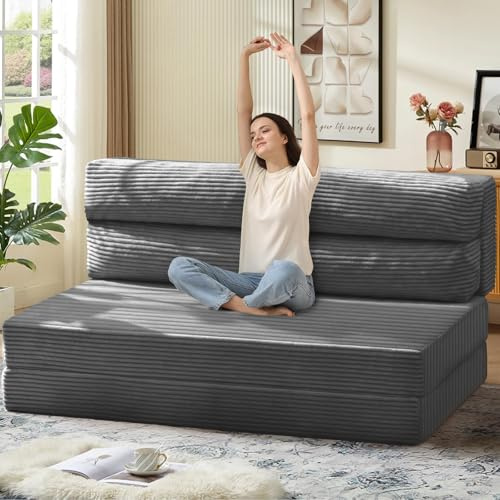 JUIKURY Folding Sofa Bed, Convertible Sleeper Chair with Pilow Foldable Matress, 2 in 1 Pull Out Loveseat Sofa Portable Fold Out Chair Bed Floor Couch Lounge for Living Room Bedroom (Grey, Queen)
