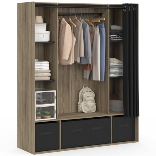 IDMarket - Dressing Double penderie Diane 140 x 45 x 167 cm hêtre et Noir | Avec étagères + 3 boites de rangement en tissu noir + rideau noir