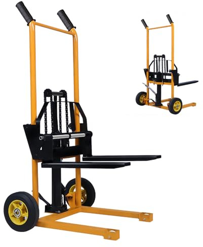 Materiale carrello, carrello per pallet, tavolo sollevatore, elevatore manuale, sollevatore a forcella con gambe fisse e forchette regolabili, capacità 200 kg, altezza di sollevamento 5,8