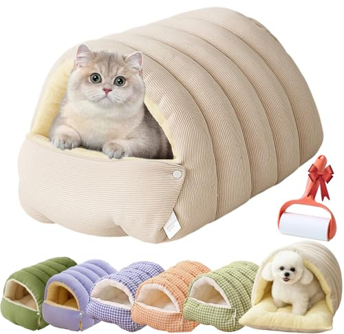 Cutypet Cave d'hiver, CutyPet Lit d'hiver Cocoon pour chat, entrée semi-fermée Chaude et confortable en peluche avec fermeture réglable, coussin amovible et lavable (beige, M-48 x 30 x 20 cm)