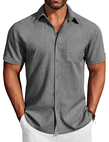 COOFANDY Chemise Homme Manches Courtes Coupe Régulière Décontractée Vacances Été Plage Boutonnée avec Poche Gris Foncé XXXL