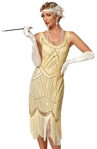 Viloree Gatsbyklänning dam, fransklänning, Gatsby, flapperklänning, 1920 V, hals, paljettfest, Champagne, L