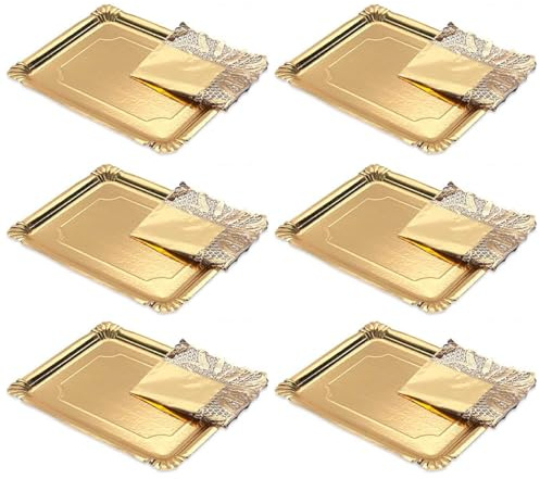 Tradienur - Pack de 6 bandejas y blondas rectangulares - Fabricación de cartón que incluyen blondas caladas 100% reciclables - Apto para uso alimentario - 28 x 22 cm - Color Dorado