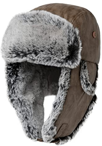 Comhats Vintermössa, fuskpäls, pilotmössa, herr, dam, varm fodrad fuskpäls, hatt med vindtäta öronlappar, 92682_kaffe (konstläder), L