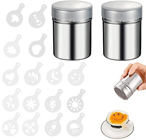 2 Pezzi Dosatore Cacao in Polvere 16 Pezzi Stencil Cappuccino Acciaio Inox Shaker Cacao Stampo per Cappuccino per Torte Decorazioni Latte Cioccolata Calda Biscotti Arte del Caffè Accessori