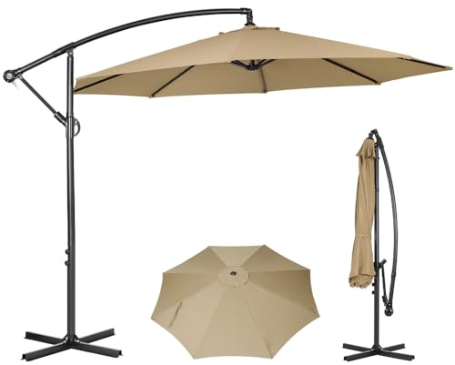 Panana 3M Cantilever Garden Parasol, Outdoor Banana Hanging Umbrella with Crank Handle and Tilt, UV Protection Sun Shade Canopy Offset Parasol for Poolside, Deck, Patio and Balcony (Khaki)
