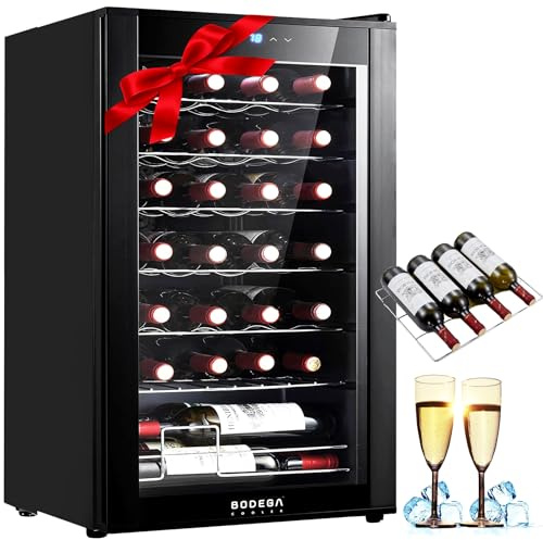BODEGACOOLER 28 Bottle Compressor Wine Cooler for Home and Kitchen, Freestanding Mini Fridge with Digital Touchscreen, LED Display,Split Storage for Red & White Wines,Matte Black Refrigerator Home Bar