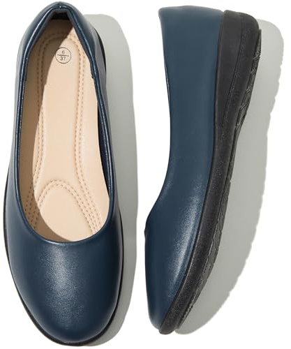 Women's Comfortable Black Leather Dress Ballerina Flats - Round Toe, Work & Office Flats (Navy.us7)