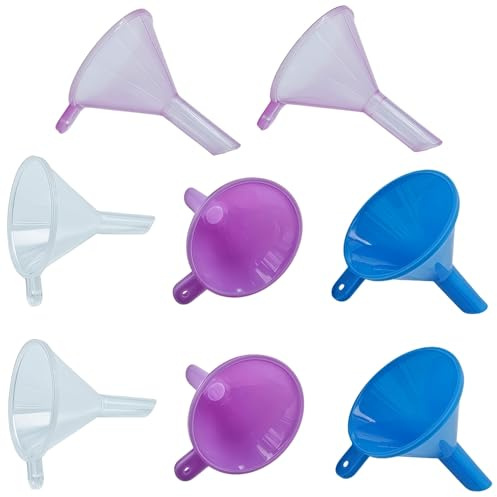 Mini Funnels 8-Pack with Spoon | Small Funnel Set for Filling Tiny Bottles, Essential Oils, Powder, Spices, Glitter | Food-Grade Plastic, Multicolor (Pink, Blue, Clear) for Crafts & Perfume