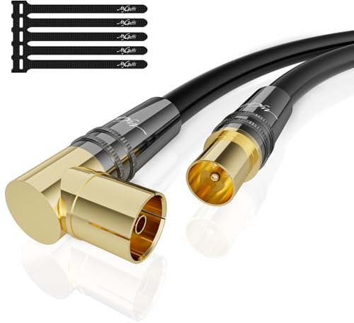 Mygatti 1M RG6 Cavo Antenna Maschio a Femmina 90°Angolato 4K,cavo TV HD Coassiale-75 Ohm-Connettori in Metallo Robusto Dorato,per la TV Digitale e analogica-con 5 fascette per cavi