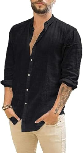 Runcati Camicia da uomo in lino, a maniche lunghe, estiva, da spiaggia, casual, vestibilità normale, per il tempo libero, camicie, Nero , M