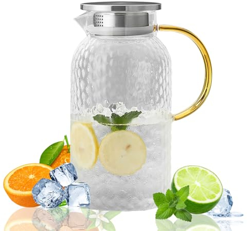 GmeDhc Jarra de Agua Cristal, Jarra Cristal con Tapa de Acero Inoxidable, 1800ML, Transparente y Resistente, para Bebidas frías y Calientes, fría Caliente té, café, Jugo, Ja