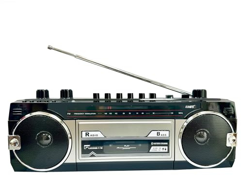 Boombox retrò, registratore di cassette radio, radio FM, slot USB/Micro SD, jack per cuffie, converte cassette in USB/SD, stile retrò classico anni '80, nero, microfono integrato