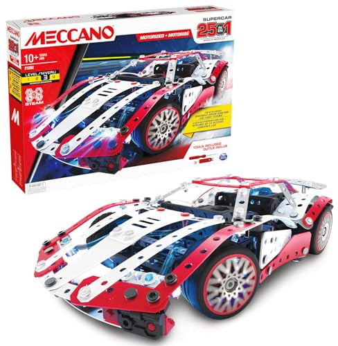 Bandai Meccano Supercar 25 en 1 – Estuche de construcción 25 Modelos – 347 Piezas Incluyendo Motor de 6 voltios, LED, Herramientas, Instrucciones – Kit Actividad Montaje Supercoche, Juguete Infantil