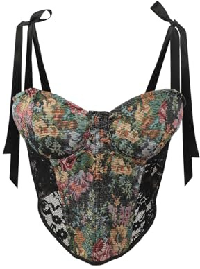 Soutien-gorge corset Renaissance pour femme - Vintage - Imprimé floral - Corsage gilet gainant - Bustier à lacets bonnets pleins - Haut crop top avec bretelles - Steampunk - Push Up - Corset médiéval