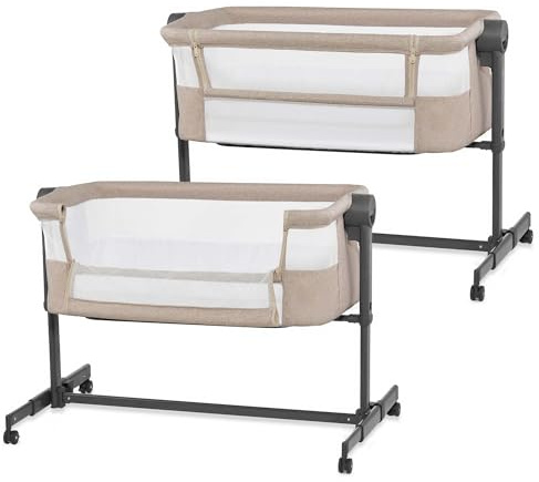 Kinderkraft NESTEE UP 2 Beistellbett 2 in 1, Kinderreisebett mit Matratze Laken, 5-stufige Matratzenhöhenverstellung, 4 Rädern mit Bremse, Weichen Material, Leichte Konstruktion, Beige