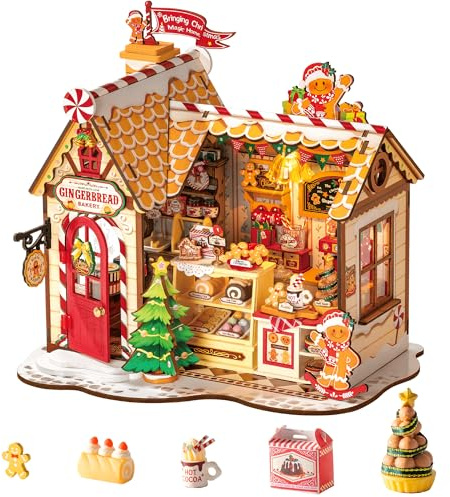 Rolife Maison de Poupée de Noël Maison Pain d’Épices Kit DIY Miniature en Bois Modèle de Maison Décoration de Noël Cadeau Créatif pour Adultes et Adolescents