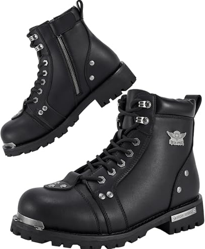 Dream Apparel Mens Motorcycle Boots for Riding Biker with Side Zipper, Waterproof Black Faux Leather Biker Boots Ankle Booties, Lace Up Military Combat Booties with Low Heel, Size 11