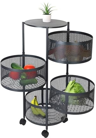 Relaxdays Küchenwagen, 4 drehbare Fächer, HxD: 75 x 34 cm, Metall, 2 Bremsen, Rollwagen Küche & Bad, Rollregal, schwarz