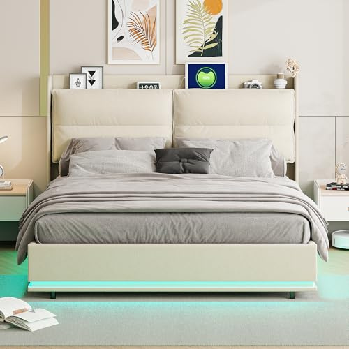 MISNODE Letto Contenitore 160 x 200 cm, Letto Matrimoniale con Luci LED e USB, Struttura Letti Imbottita in Velluto con Rete a Doghe, Letto per Adulti e Adolescenti, Beige (Beige-B, 160x200 cm)