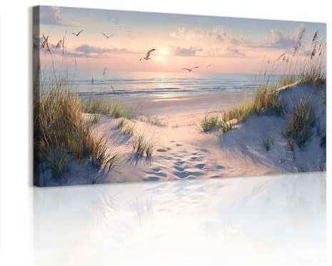 WENGTIAO Stampa su Tela Paesaggio Marino Incorniciato Grande Quadro su Tela Oceano Sole Spiaggia Erba Paesaggio Costiero Pittura Quadri Moderni Soggiorno Camera da Letto Decorativo Parete 100x50 cm