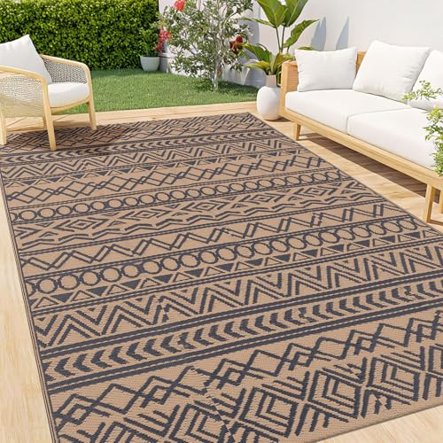 smiry Utomhusmatta, väderbeständig, 120 x 180 cm, modern, UV-resistent geometrisk för terrass, balkong, trädgård, vardagsrum, svart och brun