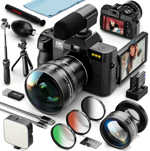 8K Digital Cameras for Photography, 64MP Vlogging Camera with 180°Flip Screen，2 Batteries, 64GB TF Card，16X Zoom, WiFi, 3 Color Filters,Microphone, Tripod, Wide & Macro Lens Kit (Black)