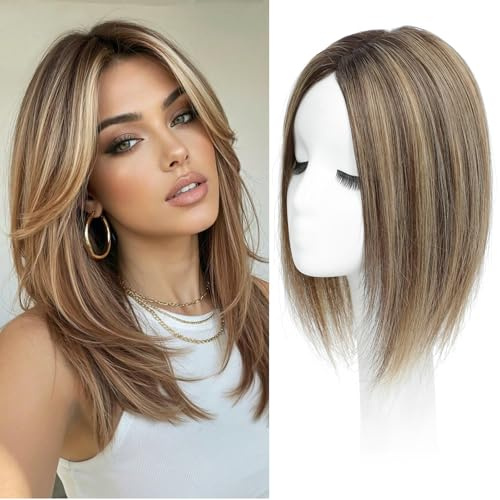 UIPEUBO Hair Toppers for Women Real Human Hair Toppers with Thinning Hairpieces for Women 12 Inch Human Hair Topper for Cover Gray Roots(Medium Brown Mix Blonde with Dark Brown Root)