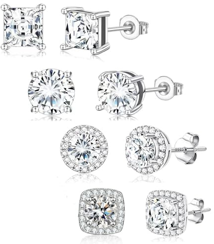 4Pairs Men's Earrings Studs Sterling Silver, Cubic Zirconia Diamond Earring | Square Earrings Set for Men Boys Women Girls, Anti-Sensitive 925 Silver Stud Earrings Gifts for Friends, Round & Square Shape