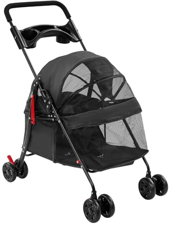RjcdOPL, cochecito plegable para perros y gatos, carrito para mascotas, cesta para ruedas, ventanas de malla transpirable, hasta 18 kg, para paseos y viajes (negro)