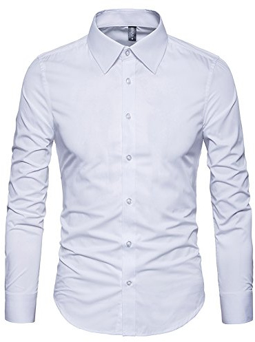 Manwan walk Men's Slim Fit Business Casual Cotton Long Sleeves Solid Button Down Dress Shirts (Medium, White)